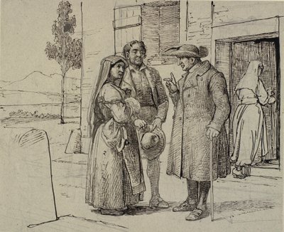 Utanför ett hus förmanar en präst ett ungt par av Wilhelm Marstrand