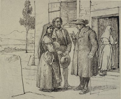 Utanför ett hus förmanar en präst ett ungt par av Wilhelm Marstrand