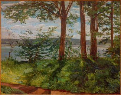 Landskap vid sjön Starnberg med tre träd av Wilhelm Trübner