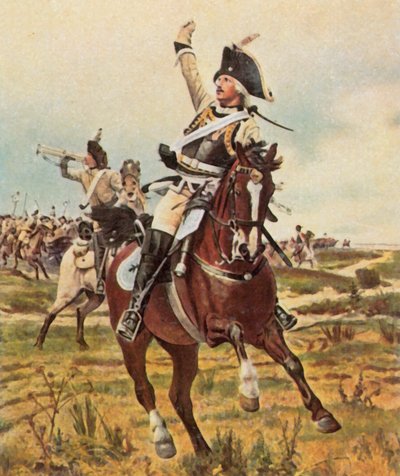 General Seydlitz ger signal till anfall vid Rossbach, 5 november 1757 (förstärkt färglitografi) av Wilhelm Werner Schuch