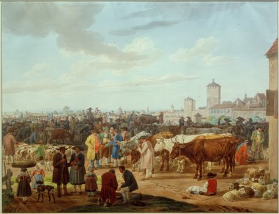 Boskapsmarknad i utkanten av en stad av Wilhelm von Kobell