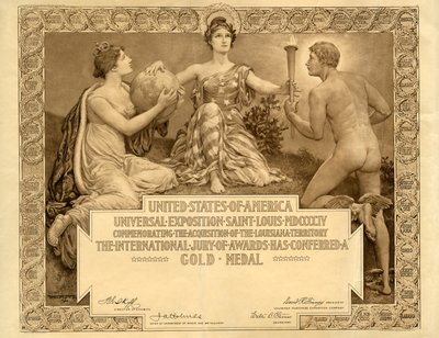Louisiana Purchase Exposition blankt guldmedaljcertifikat, 1904 av Will H. Low