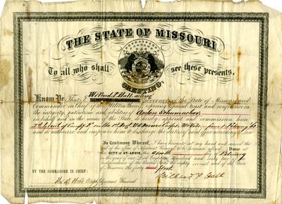 Militärkommission av Anton Schumacher som 2:e löjtnant för kompani F i 1:a regementet U.S.R.C., Missouri Volunteers, 6 februari 1862 av Willard P. Hall