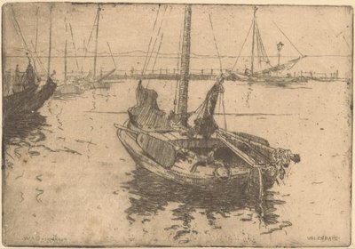 Pråmar i hamnen i Volendam av Willem Adrianus Grondhout (signed by artist)