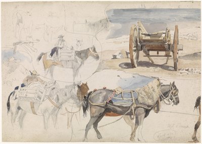 Studieblad med skalvagn på stranden och olika studier av hästar av Willem Anthonie van Deventer