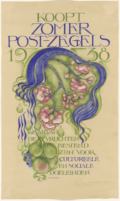 Design för en affisch för försäljning av sommarfrimärken för år 1938 av Willem Arondéus (signed by artist)