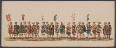 Delfts parad 1862, femte gruppen Fjärde Lustrum av Royal Academy i Delft - Ao. 1862 - Costumed Optogt (serietitel på objekt) av Willem Bernardus IJzerdraat