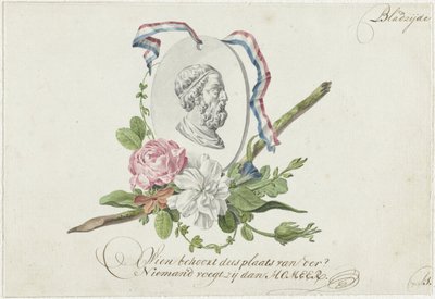 Vinjett med blommor, porträttmedaljong och band av Willem Bilderdijk