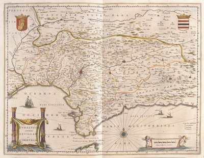 Andalusien och staden Sevilla, Gibraltar sund, i "Theatrum Orbis Terrarum, sive Atlas Novus" av Willem Blaeu, Amsterdam av Willem Blaeu