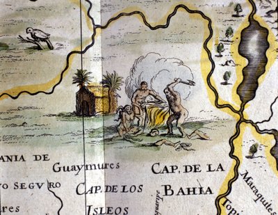 Brasilien. Kannibaler som föreställer en man med en yxa. Detalj av en karta över Atlas of W. Blaeu av Willem Blaeu