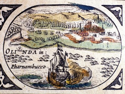 Brasilien, utsikt över Pernambuco (Recife), Atlas av W. G. Blaeu, Amsterdam 1600. av Willem Blaeu