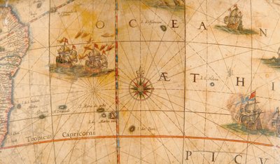 Detalj av stridsfartyg i Atlanten från en jordglob 1645/48 av Willem Blaeu