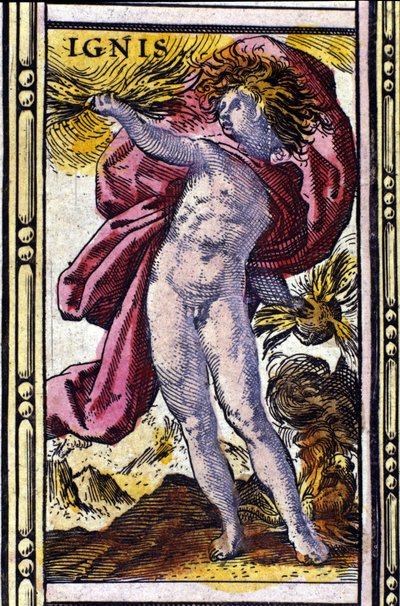 Eld, ett av de fyra element som representeras i W. Blaeus Atlas tryckt i Amsterdam 1655. av Willem Blaeu