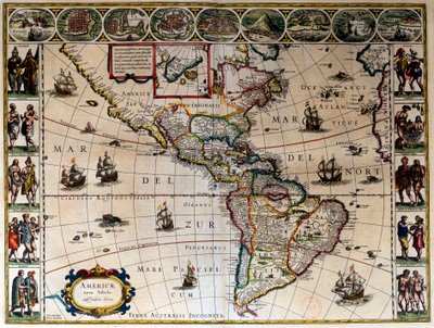 Geografisk karta över Amerika. I "" Le theater du monde ou le nouvel atlas Amsterdam"" producerad av Willem Janszoon Blaeu (1571-1638) av Willem Blaeu