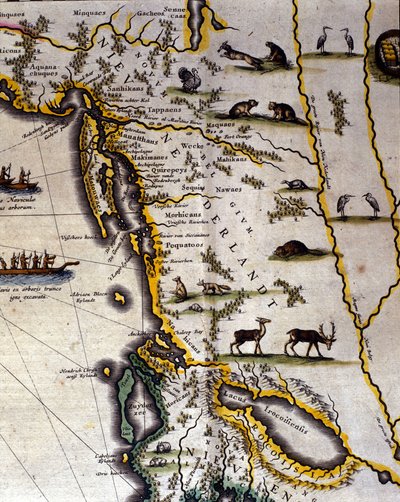 Geografisk karta över 1600-talets holländska atlas av Wilhelm Blaeu (1571-1638) som visar amerikanska och kanadensiska territorier pälsdjursfolk. Norden ligger nedanför enligt medeltida sed. av Willem Blaeu