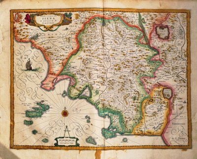 Karta över Sienas gränser från Regionum Italiae av Willem Blaeu, gravyr av Willem Blaeu