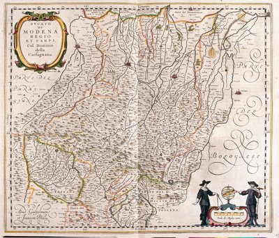 Modena, Reggio Emilia, Carpi, slutet av Garfagnana, Italien,i "Theatrum Orbis Terrarum, sive Atlas Novus" av Willem Blaeu, Amsterdam av Willem Blaeu