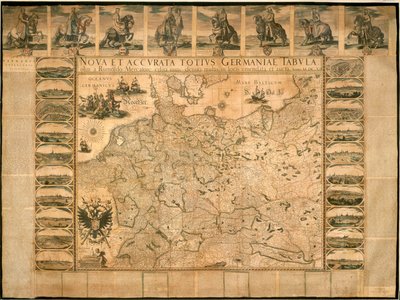 Ny och exakt illustration av Tyskland i dess helhet av Willem Janszoon Blaeu, kopparplåt, tryckt i Amsterdam av Willem Blaeu