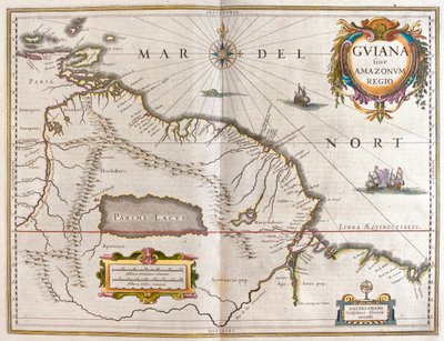 Orinocofloden, Rio Amazzonas, Venezuela, nordöstra Brasile, i "Theatrum Orbis Terrarum, sive Atlas Novus" av Willem Blaeu, Amsterdam av Willem Blaeu
