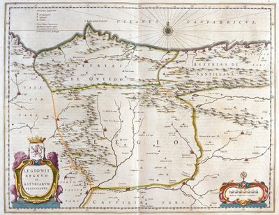 Den spanska provinsen Asturien, Kastilien och Léon, inklusive städerna Oviedo, Leon, Santander och Valladolid, i "Theatrum Orbis Terrarum, sive Atlas Novus" av Willem Blaeu, Amsterdam av Willem Blaeu