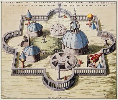 Stelleburgum sive Observatorium Subterraeum, underjordiskt astronomiskt observatorium vid Stjerneborg (Stjärnslottet), designat av Tycho Brahe (1546-1601) på ön Hven, Danmark, ritning av Willem Blaeu, ca 1595. av Willem Blaeu