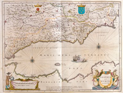 Gibraltar sund till Alicante, så långt in i landet som till Guagalquivir-dalen och Sevilla samt Nordafrikas kust, i "Theatrum Orbis Terrarum, sive Atlas Novus" av Willem Blaeu, Amsterdam av Willem Blaeu