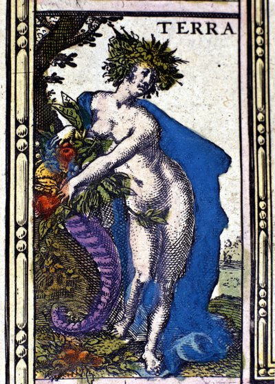 Jorden, ett av de fyra element som representeras i Atlas of W. Blaeu tryckt i Amsterdam 1655. av Willem Blaeu