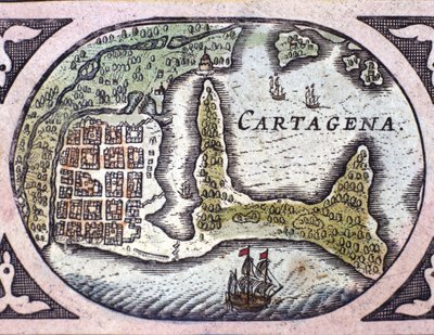 Vy över Cartagena i Colombia (Sydamerika). Detalj av en karta över Atlas "" Le Theatre du Monde"" av Willem Janszoon Blaeu (1571-1638) av Willem Blaeu