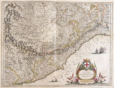 Västra rivieran Ligurien, Italien, i "Theatrum Orbis Terrarum, sive Atlas Novus" av Willem Blaeu, Amsterdam av Willem Blaeu