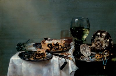 ""Stilleben av frukostbord med björnbärspaj"" (Frukostbord med björnbärspaj) Målning av Willem Claesz Heda (1594-1680) 1631 Dim 54x82 cm Olja på duk Dresdens statliga konstsamlingar Dresden av Willem Claesz. Heda