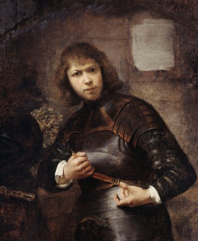 En soldat som står tre fjärdedels längd och spänner sitt bälte, av Willem Drost