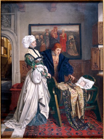 "Charles V och Jean Vandergheynst vid deras dotter Marguerites vagga", 1870. av Willem Geets