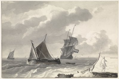 Segelfartyg på hackigt vatten utanför kusten av Willem Gruyter jr.