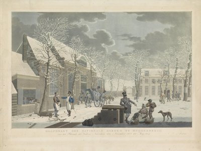 Övergardet vid riksgardet i Muiderberg, 1813-1814 Huvudvakten för nationalträdgården i Muijderberch framför Blockade der Vesting Naarden, från november 1813 till maj 1814 (titel på objektet) av Willem Hendrik Hoogkamer (attributed to)