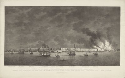 Utsikt över märket och skjutningen av staden Antwerpen den 27 oktober 1830, under befäl av Z. Exc.e Luit.t Gener.l Baron D.H. chassi; med ställning som Z.M.-skvadron under befäl av sjökaptenen Jonkh.r J.E. Lewe van Aduard (titel på obj av Willem Hendrik Hoogkamer