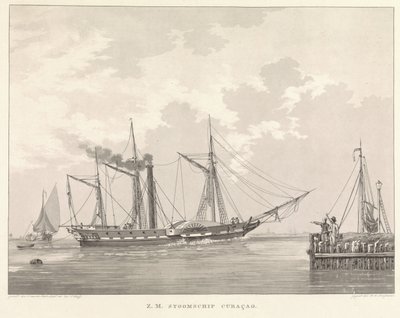 Paddelångare vid en kaj Z.M. Steamship Curaçao (titel på objekt) av Willem Hendrik Hoogkamer