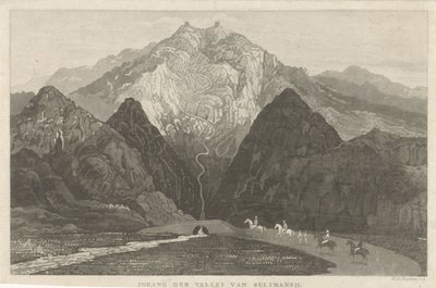 Resenärer i ett bergslandskap Ingången till Sulimaneij-dalen (titel på objektet) av Willem Hendrik Hoogkamer