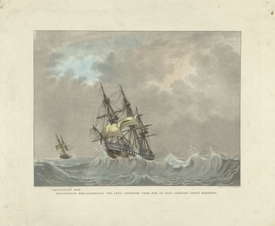 Segelfartyg på höga vågor Lägger till tegel. Holländsk krigsfregatt springer efter fock och nära revet stort mansegel (titel på objekt) av Willem Hendrik Hoogkamer