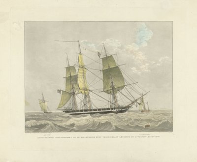 Segelfartyg, slup och lotsbåt på vattnet Amerikansk krigskorvett mot den holländska kusten lägger lotsbåten och väntar (titel på objekt) av Willem Hendrik Hoogkamer