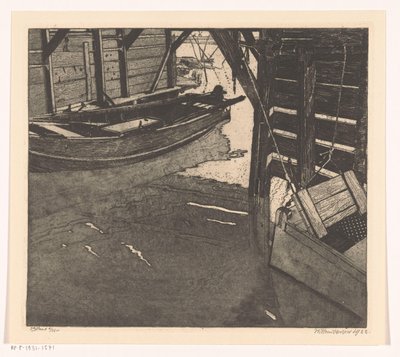 Interiör i ett pråmhus med fiskekort och en pråm med inbyggt fiskekort av Willem Jansen (graveur) (signed by artist)
