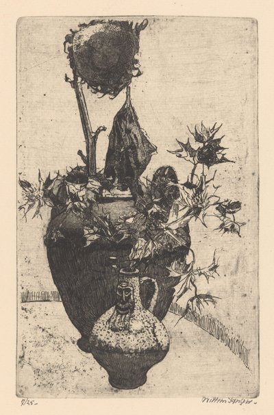 Stilleben med vissen solros av Willem Jansen (graveur) (signed by artist)