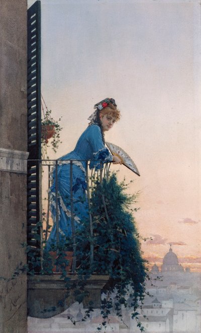En elegant skönhet på en balkong med utsikt över Rom, med St Peters kupol i fjärran av Willem Johannes Martens