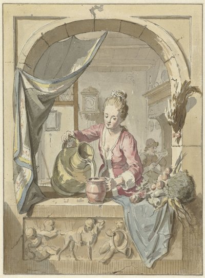 Kvinnan häller mjölk från en kanna, in i ett fönster av Willem Joseph Laquy