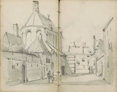Bygata med en kyrka och figurer av Willem Koekkoek