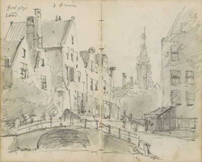 Stadsbild med en bro över en kanal och ett kyrktorn av Willem Koekkoek