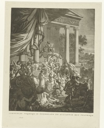 Allegorisk representation av alliansen mellan Nederländerna och Frankrike, 1795 Återställd frihet i Nederländerna och allians med Frankrike (titel på objekt) av Willem Kok