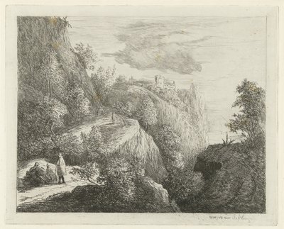 Bergslandskap med vilande figurer vid sidan av vägen av Willem Matthias Jan van Dielen