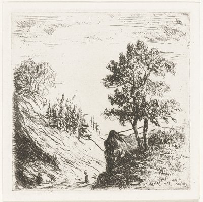 Kuperat landskap med två träd på en sten av Willem Matthias Jan van Dielen