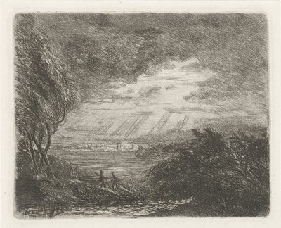 Landskap med två figurer i storm och regn av Willem Matthias Jan van Dielen