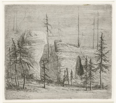 Stenigt landskap med barrträd, den så kallade Teufelkanzel Teufelkantzel Baxen (titel på objekt) av Willem Matthias Jan van Dielen